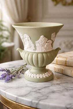 Vintage Wedgwood Jasperware Sage Green Neoclassical Urn Vase with White Relief